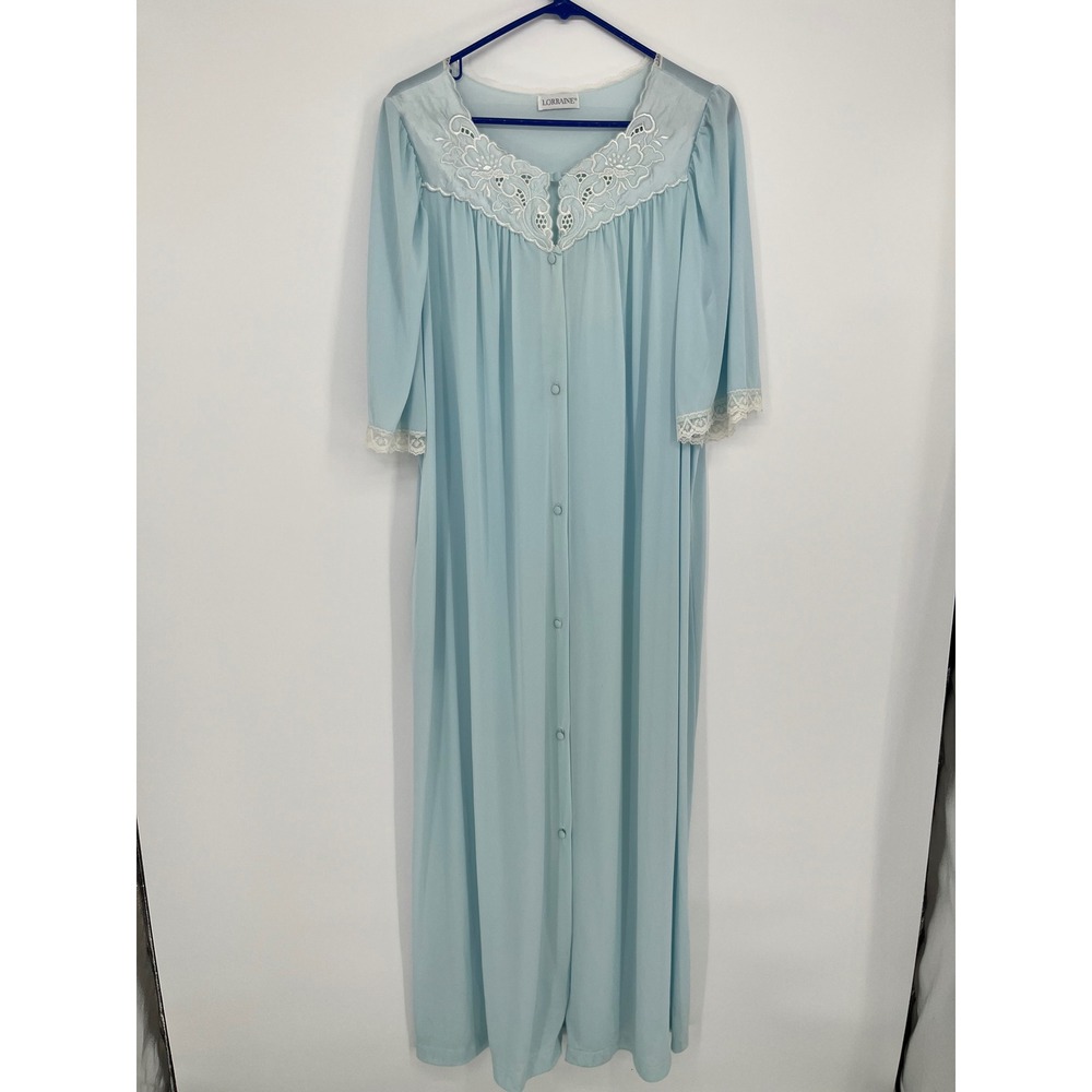 VTG Lorraine Nylon Nightgown Maxi Robe Womem L Blue Embroidered Lace Trim USA